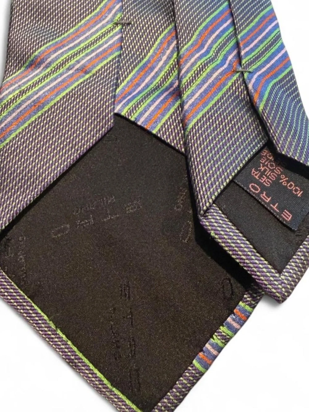 Etro Silk Tie Blue Green Orange White Diagonal Stripes
